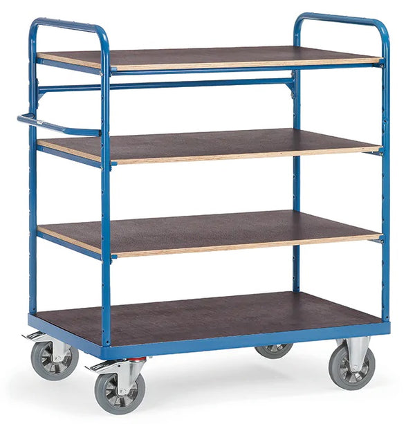 SUPER-MULTI-VARIO Etagewagen 1000x700 zwaarlast tot 1200kg met 4 etages van hout RAL 5007, 1583mm hoog