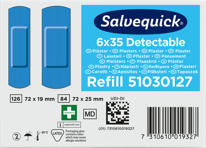 Cederroth Salvequick Blue Detectable Pleisters Navulling 6x35 Pleisters