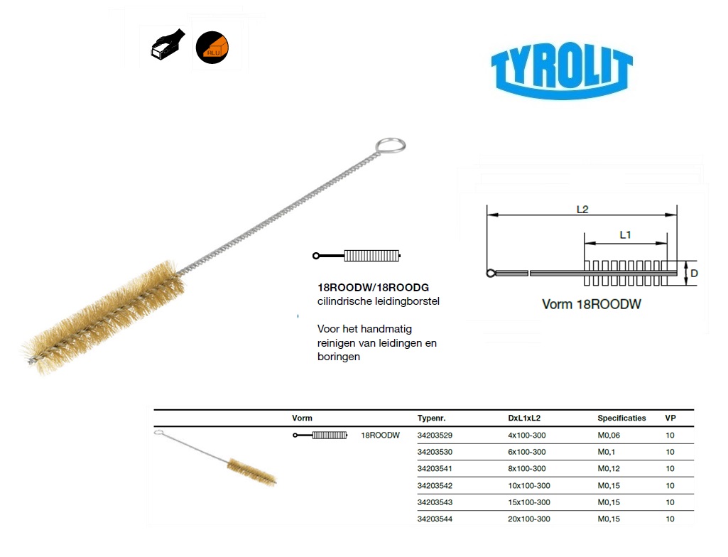 Tyrolit Cilindrische buisborstel 8x100x300 non-ferrometalen Premium 18ROODW