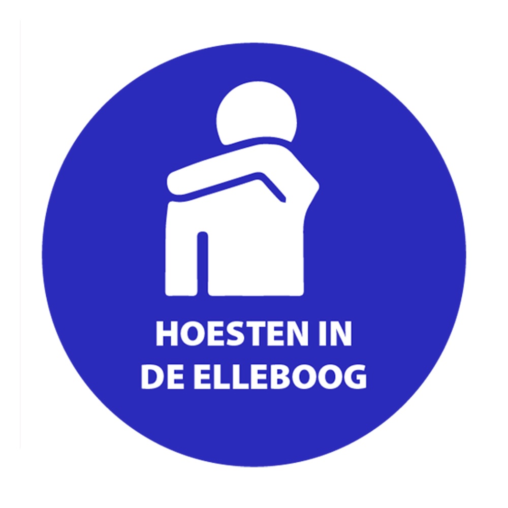 Sticker vinyl &#039;Hoesten in de elleboog&#039; Ø90mm