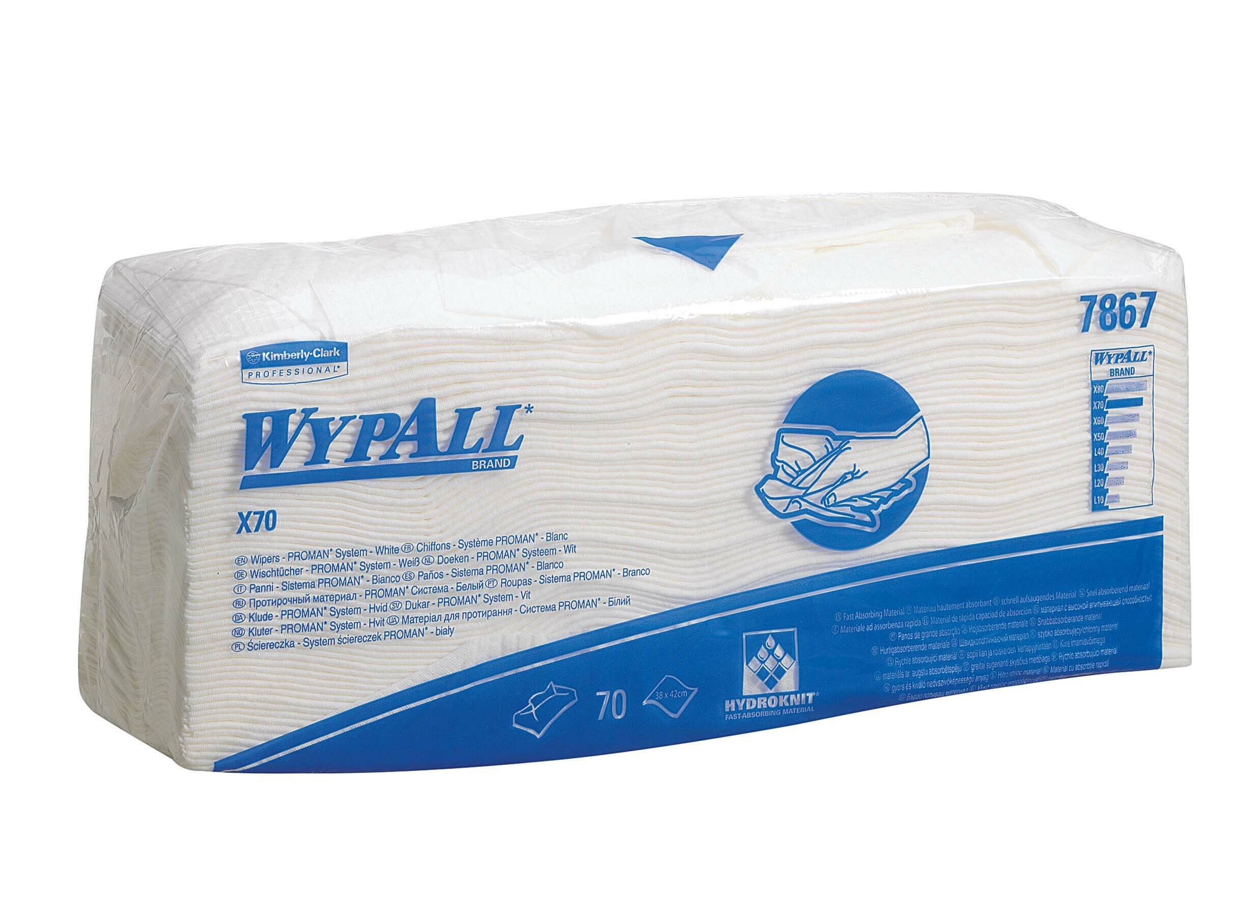 Kimberly Clark WypAll® X70 Doeken — 6 pakken x 70 witte, 1-laags, gevouwen doeken.