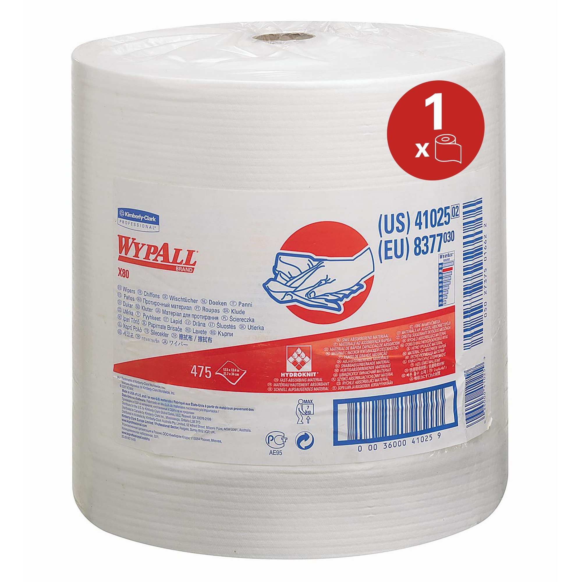  Kimberly Clark WypAll® X80 Poetsdoeken- 1 grote rol x 475 witte, 1-laags doeken