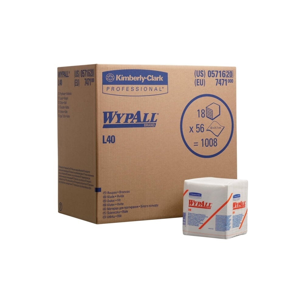 Kimberly Clark WypAll® L40 Poetsdoeken - 18 pakken x 56 gevouwen witte, 1-laags doeken